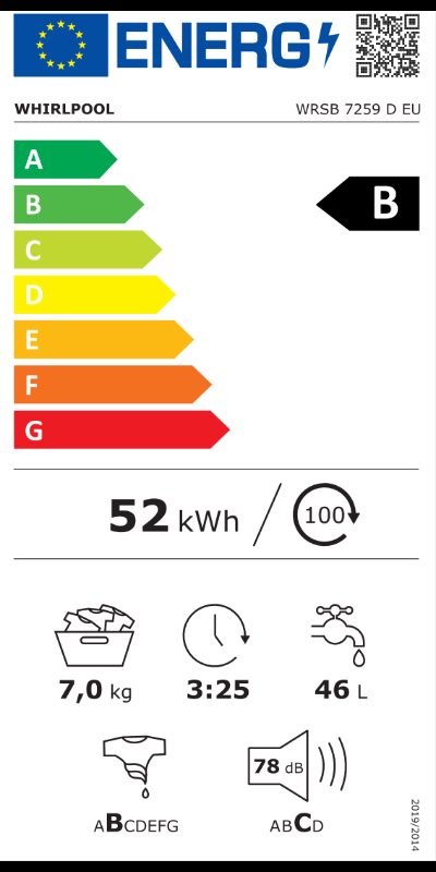 Whirlpool WRSB 7259 D EU Washing machine, B, Front loading, Washing capacity 7 kg, 1151 RPM, Depth 43,5 cm, White