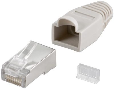 Goobay 68746  RJ45 plug, CAT 5e STP shielded with strain-relief boot, grey, for round cable with Threader   cable lead in 6.4 mm single packed (1 set per polybag)  Technical specifications  Connections  Connection, type  RJ45 male (8P8C)   Connection, contact material  gold-plated 3µ   Contacting  8 Pin   Cable  Specification  CAT 5e   Shielding class  STP   AWG  26-24   General  Consumption Unit  10 pcs. polybag   Color  grey