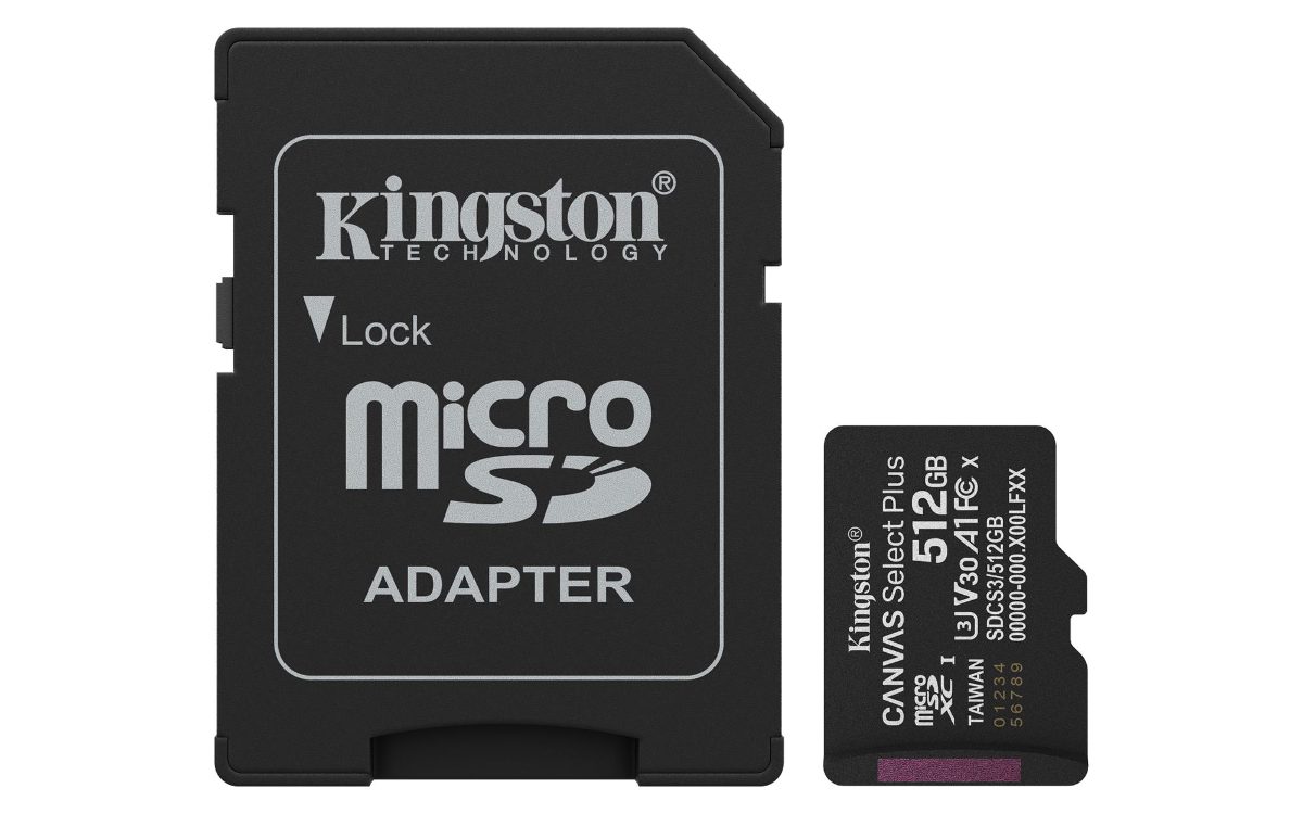 Kingston Canvas Select Plus, 512 GB, microSD, Flash memory class Class 10, UHS-I, U1/U3, video class 10/30, A1