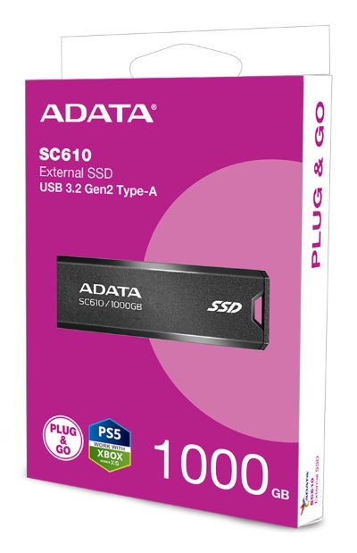 External SSD, ADATA, Read speed 550 MB/s, Write speed 500 MB/s, 1000 GB, SC610-1000G-CBK/RD