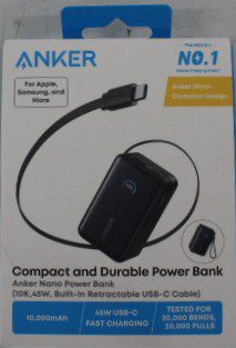Anker Nano Power Bank 45W with Built-In Retractable USB-C Cable, A1638H11, 10000 mAh, Black, DEMO
