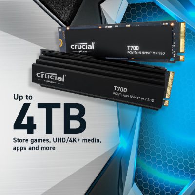 SSD, CRUCIAL, T700, 4TB, M.2, PCIe Gen5, NVMe, TLC, Write speed 11800 MBytes/sec, Read speed 12400 MBytes/sec, TBW 2400 TB, CT4000T700SSD5