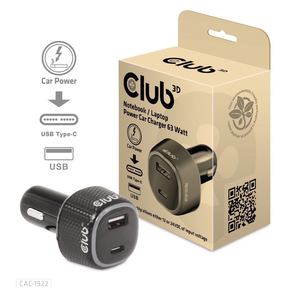 NB CHARGER CAR USB+USB-C/63W CAC-1922 CLUB3D