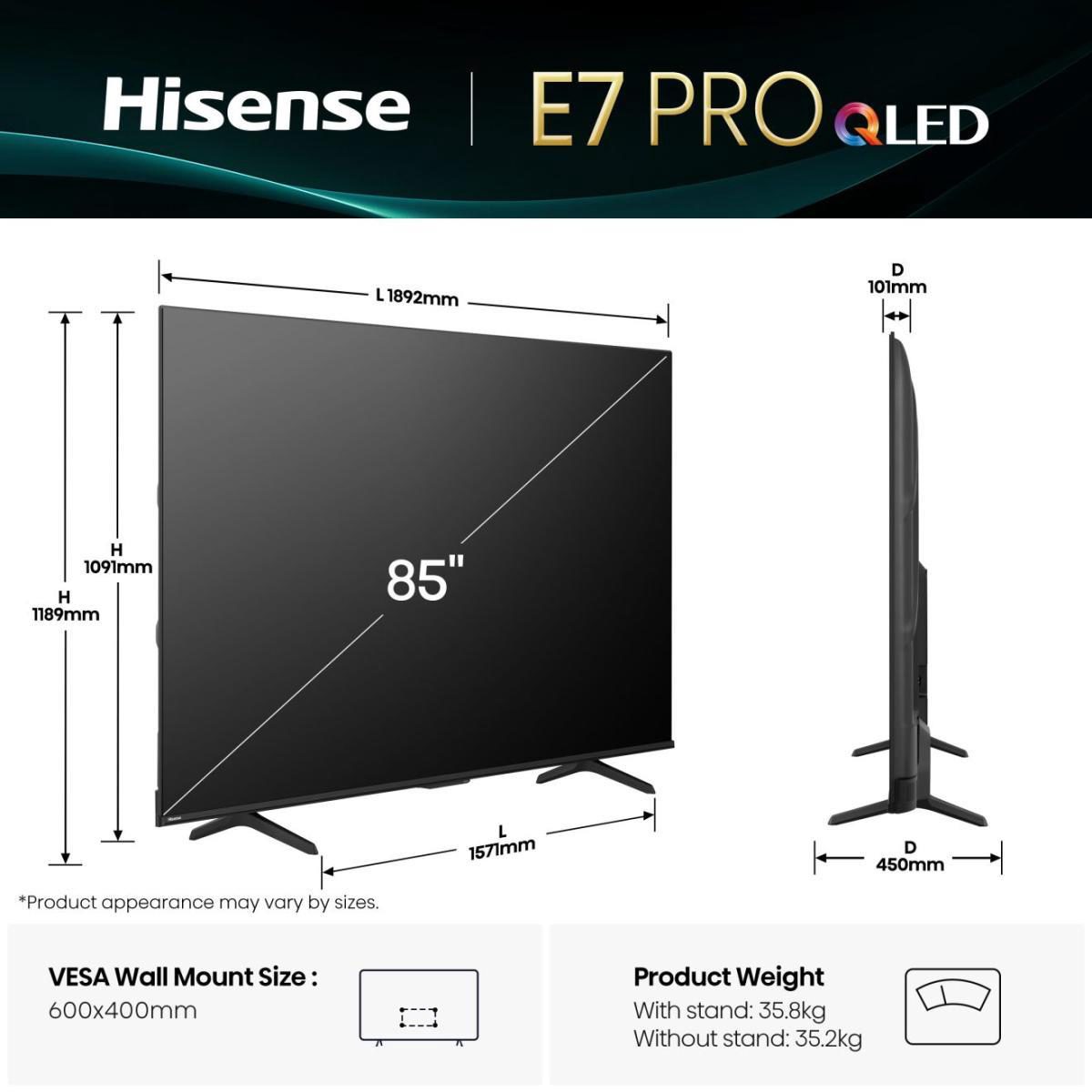 TV Set, HISENSE, 85 ", 4K Ultra HD, 3840 x 2160 pixels, Flat, 16:9, QLED, 85E7QPRO