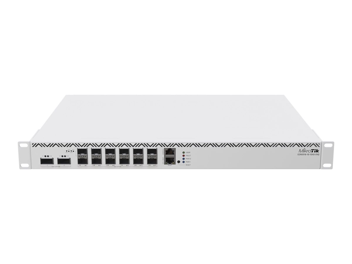 Ethernet Router, CCR2216-1G-12XS-2XQ, 10/100/1000 Mbit/s, Mesh Support No, MU-MiMO No, No mobile broadband