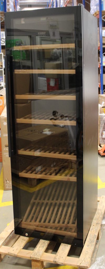 Caso WineExclusive 180 Smart Wine Cooler, Free standing, Height 190 cm, Up to 180 bottles, Compressor technology, Black, SALE OUT., Caso Smart Wine Cooler, WineExclusive 180, Energy efficiency class G, Showcase, Free standing, Bottles capacity 180 bottles, Cooling type Compressor technology, Black, NOT ORIGINAL PACKAGING, DIRTY, SCRATCHED, DAMAGED PAINT AND SHELF