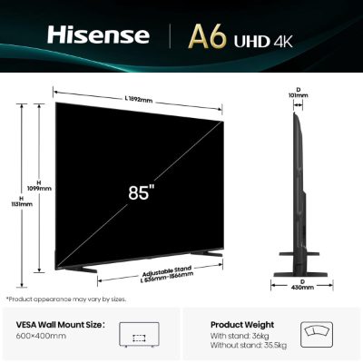 Hisense 4K TV, 85A6Q, 85, Smart TV, VIDAA, UHD, Black