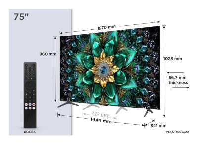 TV Set, TCL, 75 ", 4K Ultra HD, 3840 x 2160 pixels, Flat, 16:9, QD-Mini LED, 75Q6C