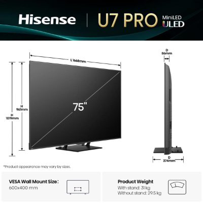 TV Set, HISENSE, 75 ", 4K Ultra HD, 3840 x 2160 pixels, Flat, 16:9, ULED, 75U7QPRO
