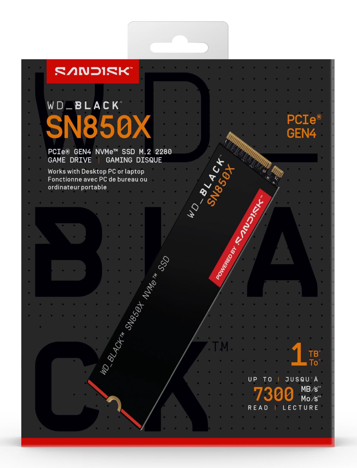 SSD, SANDISK, 600xTBW rating, Read speed 7300 MB/s, Write speed 6300 MB/s, NVMe Yes, PCI Express 4.0, M.2, 1000 GB, POWERED BY SANDISK, Black SN850X, WDS100T2X0E