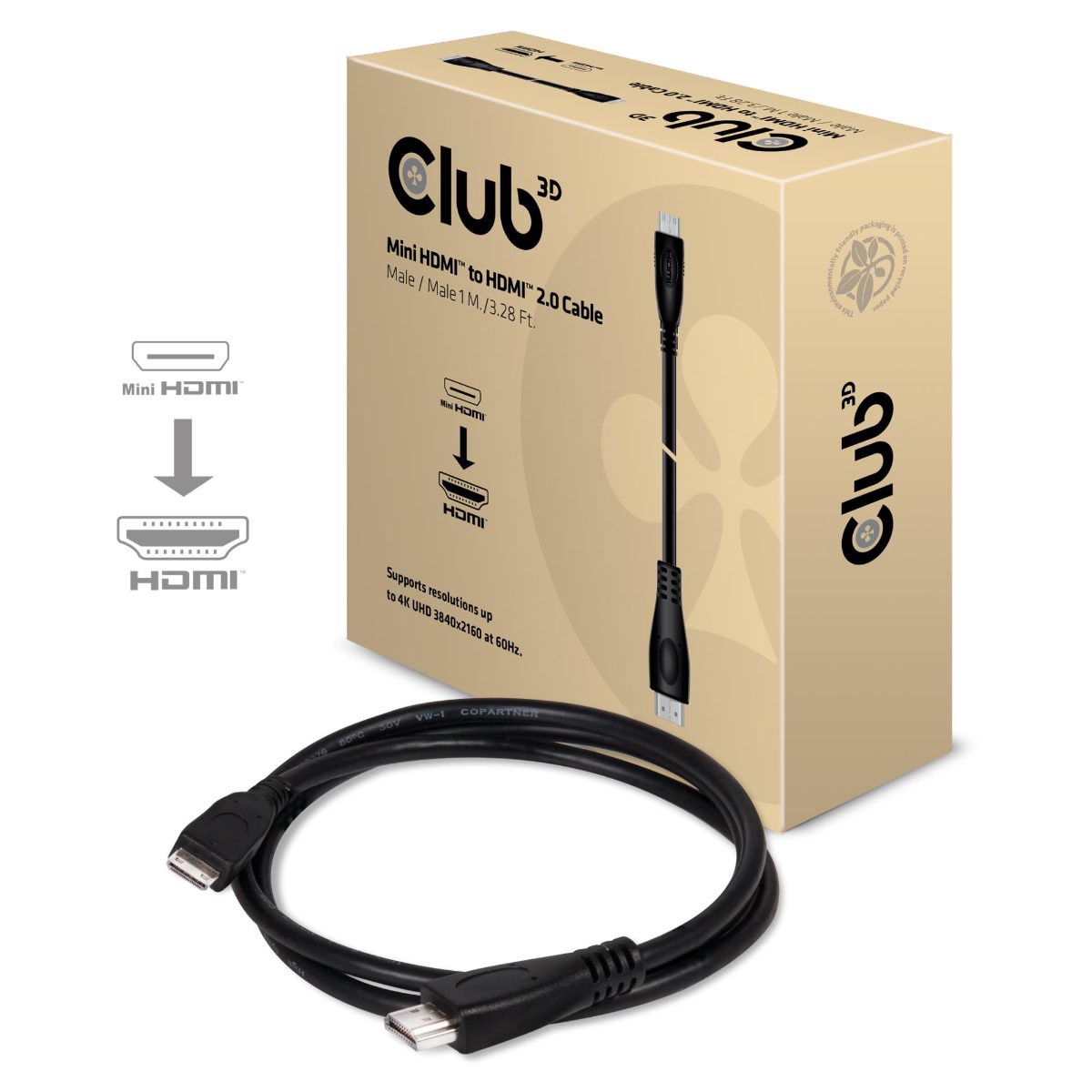 CABLE MINI HDMI TO HDMI 1M/M/M CAC-1350 CLUB3D