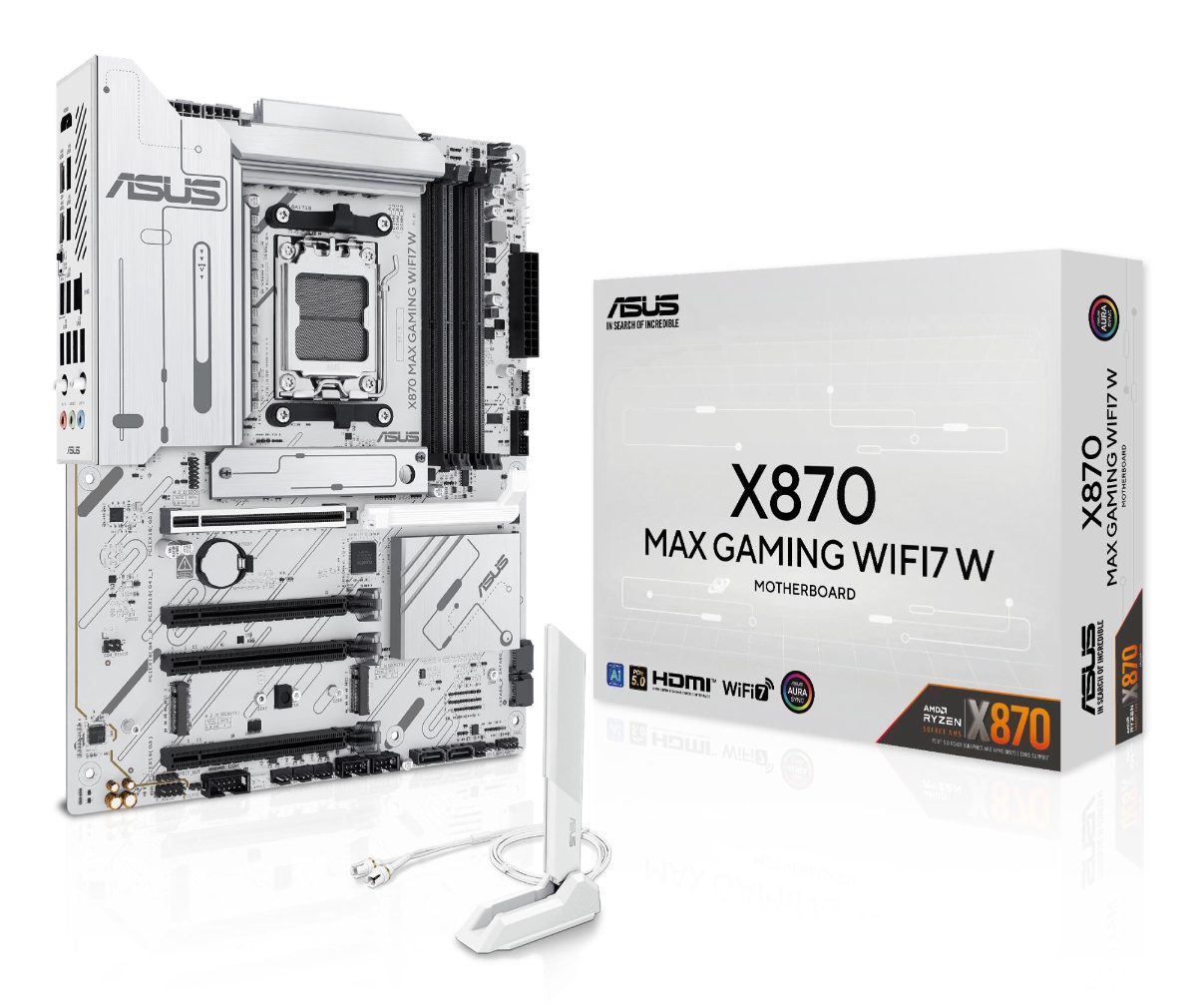 Mainboard, ASUS, AMD X870, SAM5, ATX, Memory DDR5, Memory slots 4, 1xPCI-Express 3.0 16x, 2xPCI-Express 4.0 16x, 1xPCI-Express 5.0 16x, 3xM.2, 1xHDMI, 4xUSB 2.0, 4xUSB 3.2, 2xUSB-C, 1xOptical S/PDIF, 1xRJ45, 3xAudio port, X870MAXGAMINGWIFI7W