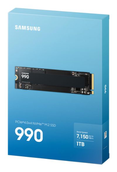 Samsung SSD, 990, 1000 GB, SSD form factor M.2 2280, Solid-state drive interface PCIe 4.0 x4, NVMe 2.0, Read speed 7150 MB/s, Write speed 6450 MB/s
