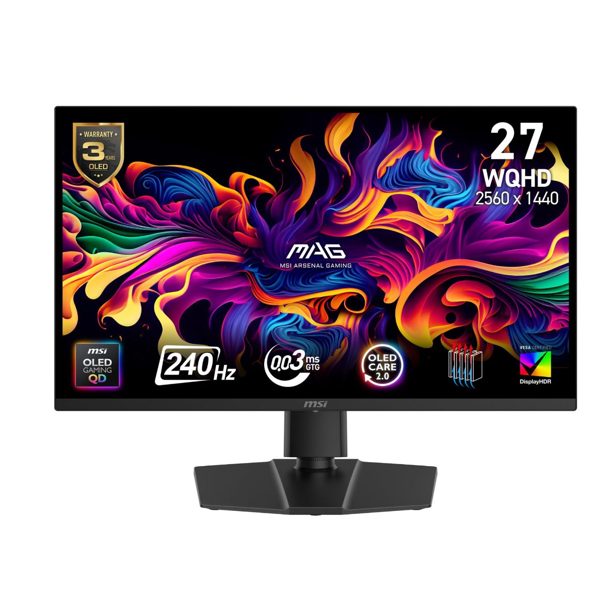 Monitor, MSI, MAG 271QP QD-OLED X24, 26.5", Gaming, Swivel, Pivot, Height adjustable, Tilt, Matte, Panel QD-OLED, 2560x1440, 16:9, 240 ??, 0.03 ms, Colour Black, MAG271QPQDOLEDX24