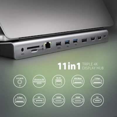 AXAGON USB-C 5Gbps TRIPLE 4K DISPLAY 11in1 Hub, HMC-4KX3
